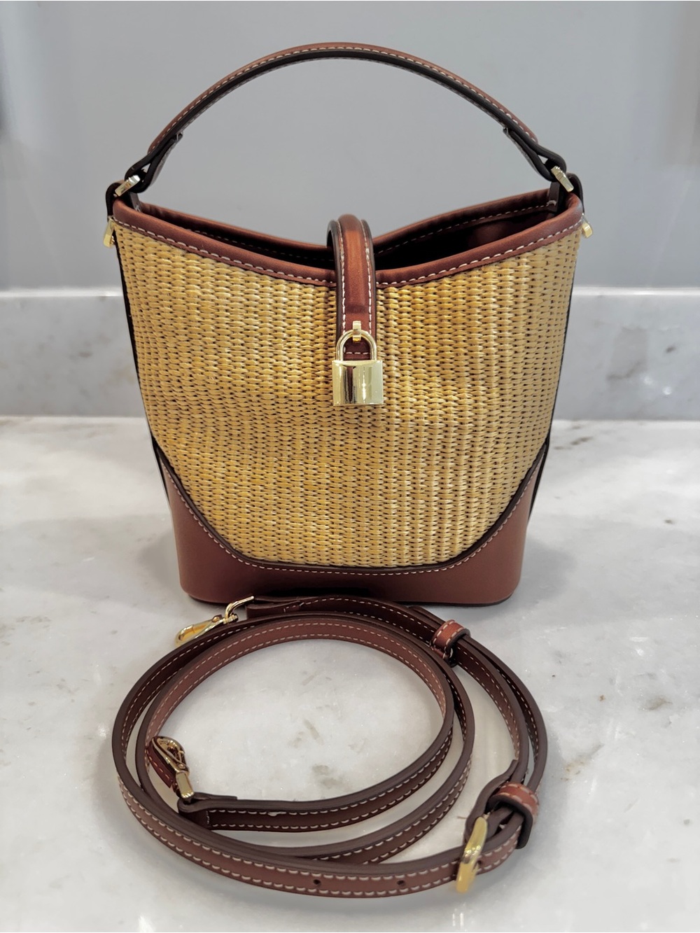 Brown Leather & Woven Straw Bucket Bag with Gold Lock